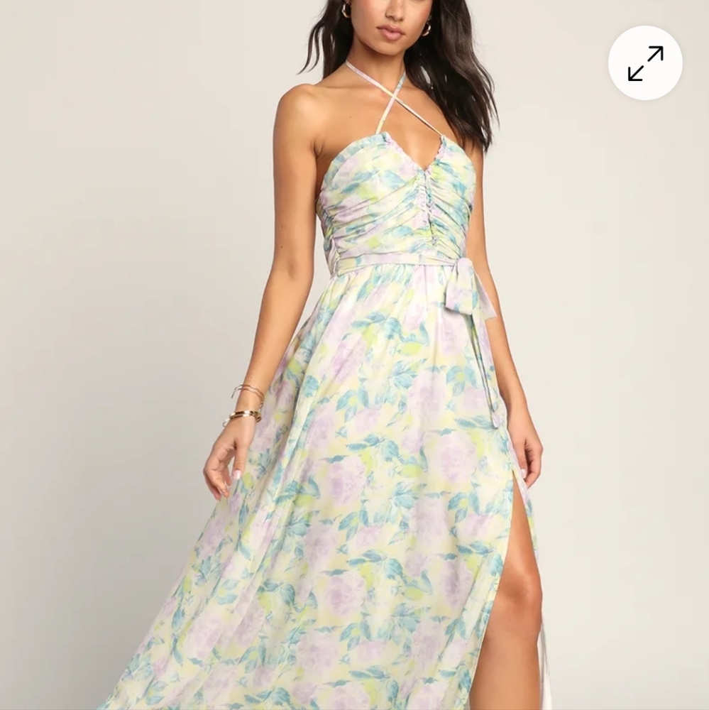 Lulus NWT Efortlessly Abloom Green Multi Floral Ruched Halter Maxi Dress Medium - Picture 3 of 15